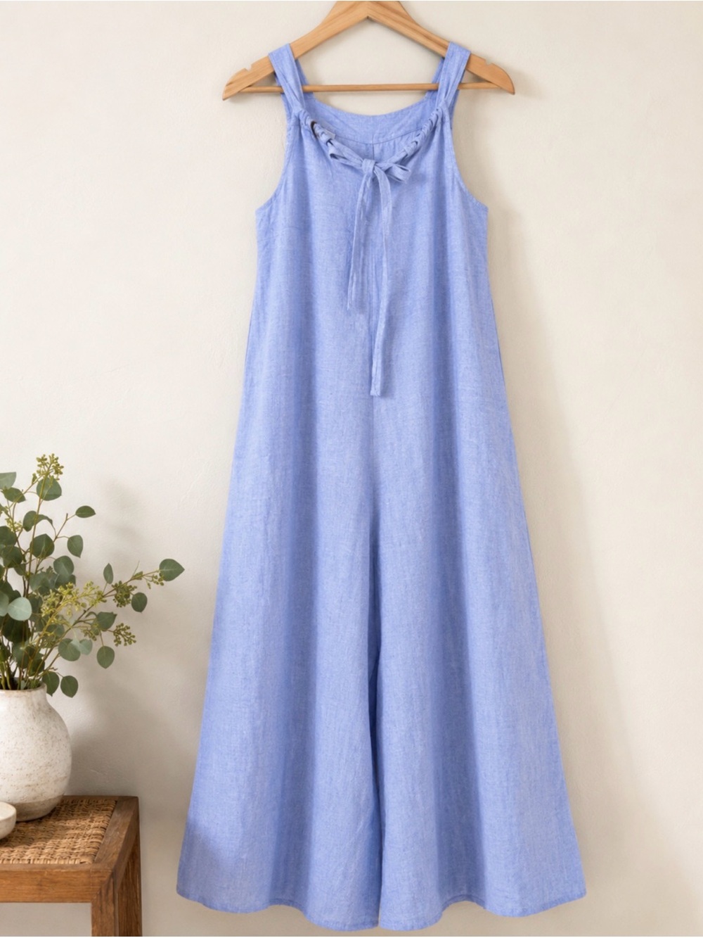 Blue Wide-Leg Jumpsuit with Tie Neck